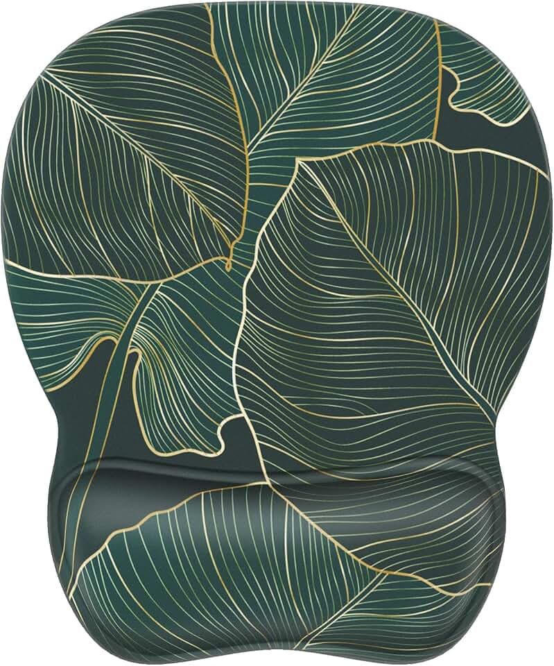 MROCO Ergonomic Mouse Pad with Gel Wrist Rest, 9.4 x 8.1 in, Green Leaves