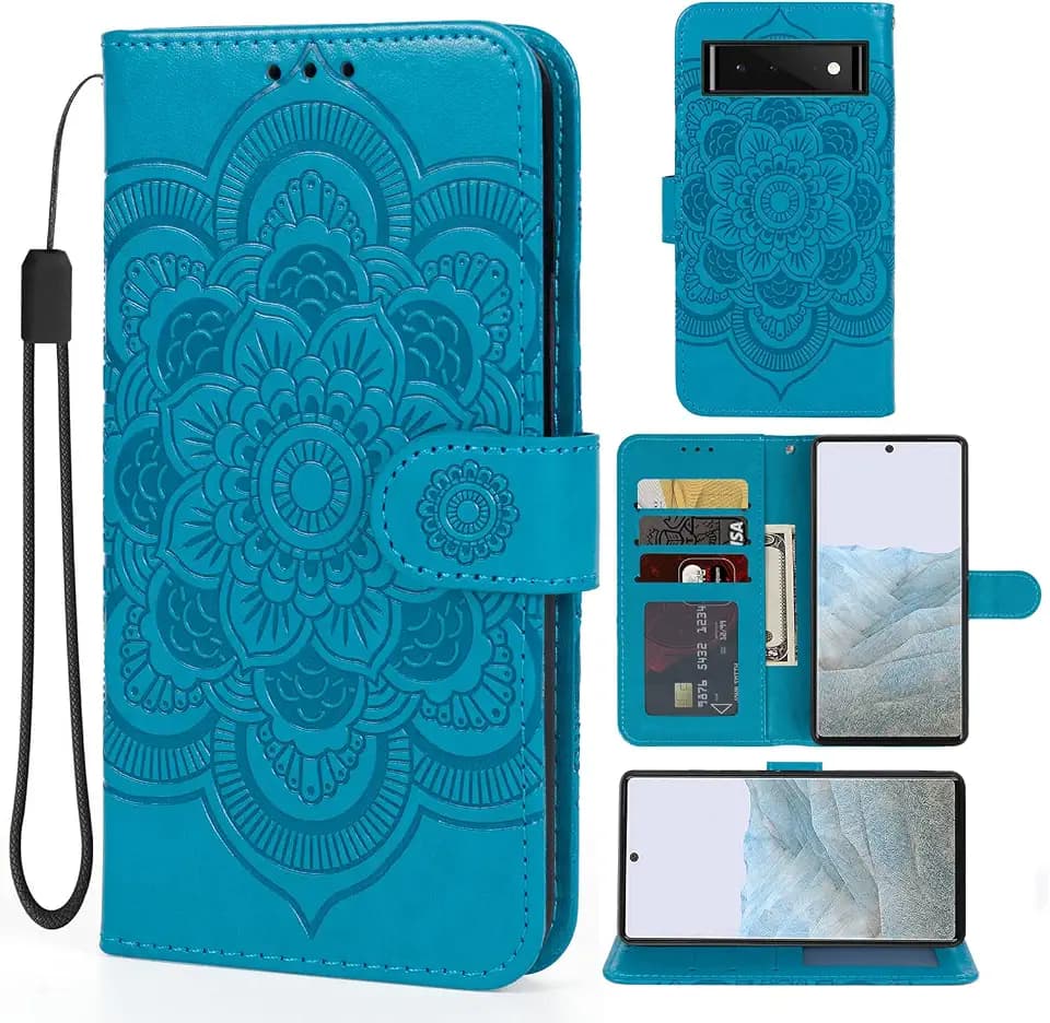 Case for Pixel 6 Pro, for Google 6 Pro G8VOU Wallet Case, Embossed Mandala Leather Flip Credit Card Holder Stand Phone Cover Cases for Google Pixel 6 Pro 5G Blue