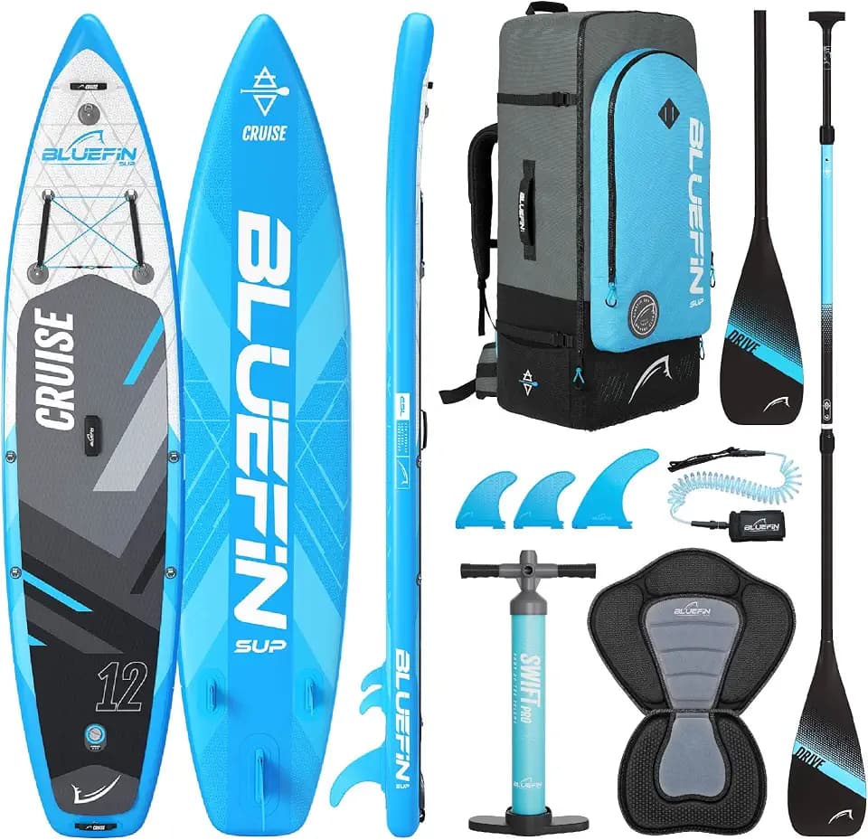 Bluefin Cruise Premium Stand Up Paddle Set | Aufblasbares Paddleboard für Erwachsene | SUP Paket mit Rucksack, Fieberglas-Paddel und Pumpe | 5 Jahre Garantie