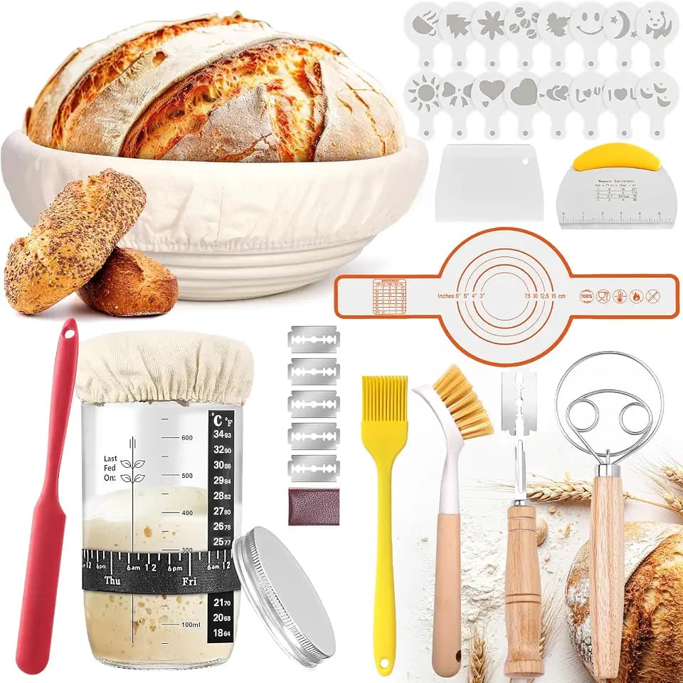 32-teilig Gärkorb Brot Set, Sauerteig Starter Set, Gärkörbchen Rund 25cm, Brot Backen Zubehör, 730ml Gärglas, Komplettset Brotbackset, Gärkorb Set für Anfänger, Professionelle Backen