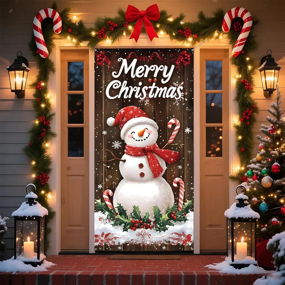 Christmas Door Cover Banner, 6 x 3 ft Christmas Decorations Flag Photography Background for for Winter Party Decorations Supplies (Snowman-3, 70.8 x 35.4 Inch)
