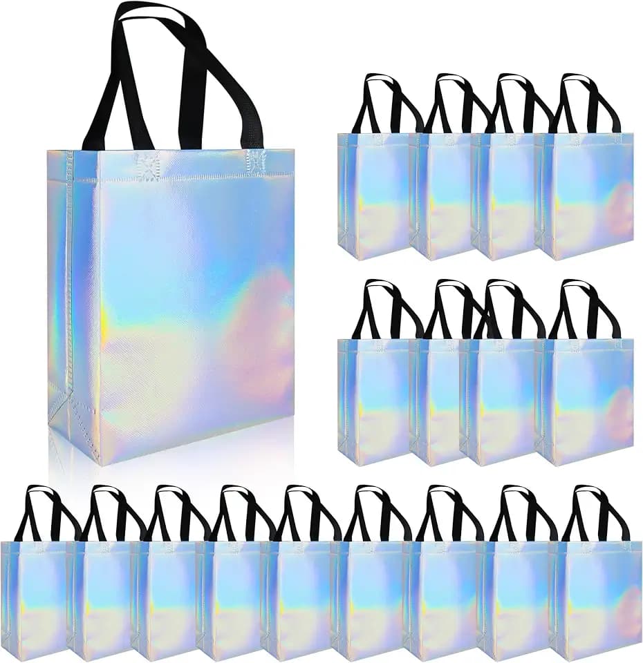 cabzymx 18 Pcs Glossy Iridescent Small Gift Bags Bulk, 8x3.9x9.8 In Non-woven Party Bags for Present with Sturdy Bases for Birthday, Wedding, Easter, Party, Holiday