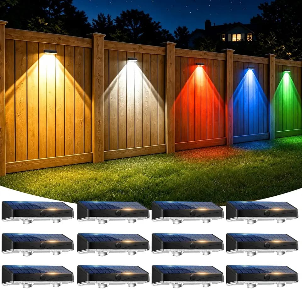 kolpop 12 Pack Solar Fence Lights Outdoor,11 Modes&9 Colors RGB/Cold/Warm White Fence Lights Solar Powered,IP65 Waterproof, 60LM LED Color Changing Solar Lights for Backyard,Wall,Deck,Party,Decor