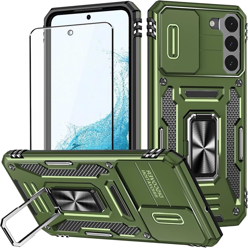 for Samsung Galaxy S22 Hülle Metallring Handyhülle & Schutzfolie, Hybrid Case Ständer Stoßstange Handy Hüllen Cover für Samsung Galaxy S22 Olivgrün