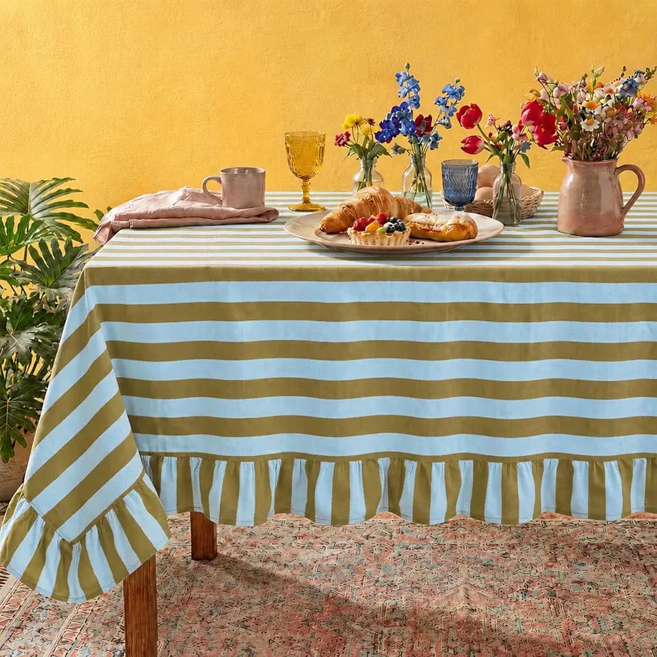 Tudomro Striped Tablecloth, Rectangle, Olive Green, Light Blue, 84'' X 60''