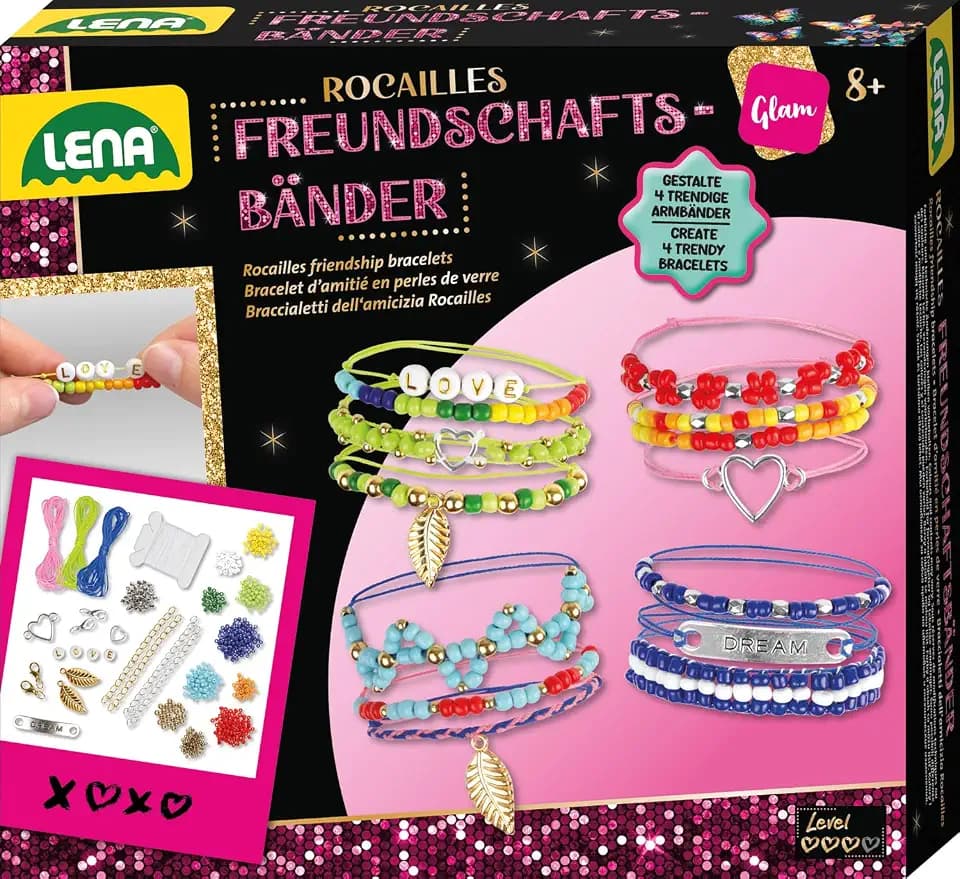 Lena 42721 Rocailles Freundschaftsarmbänder, Bastelset für Kinder ab 8 Jahren, Knüpfset mit Garnen 8 Farben, Kreativset in bunter Faltschachtel, Perlen aus Kunststoff, Mehrfarbig, 18,5 x 4 x 17 cm