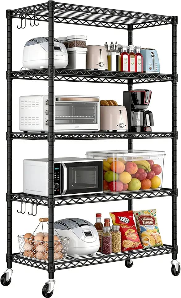 Xcity Storage Shelves, 5 Tier Heavy Duty Metal Shelving Unit with Wheels, 2000 LBS Capacity Adjustable Steel Wire Shelf Organizer for Pantry, Kitchen, Garage, 18" D x 36" W x 72" H, Black