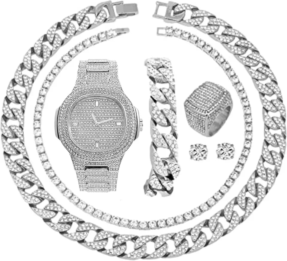 Charles Raymond Fully Iced Mens Big Rocks Bezel Color Dial with Roman Numerals, Cuban Chain Bracelet, Cuban Necklace, Tennis Chain & Ring - ST10327CRNT
