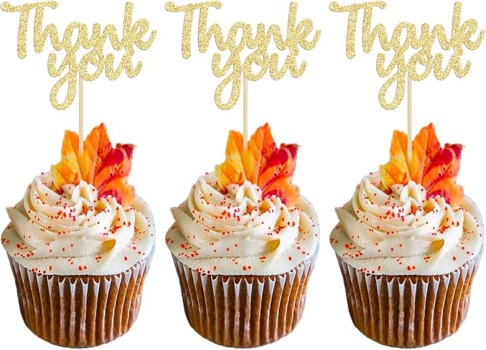 Gyufise 36 x goldfarbene Glitzer-Cupcake-Aufsätze mit Aufschrift "Thank You", Cupcake-Aufsätze für Geburtstag, Jahrestag, Erntedankfest, Hochzeit, Brautparty, Dekoration