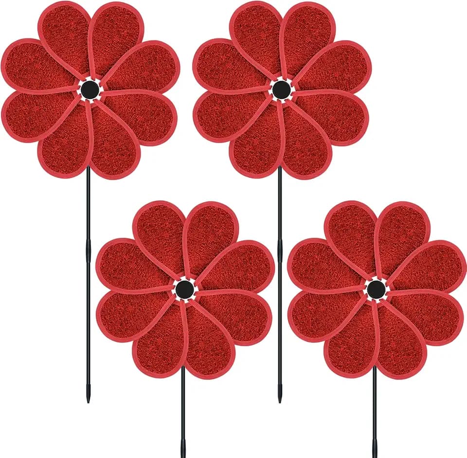 4PCS 11.4" W x 28" H Reflective Pinwheels Sparkly Lawn Wind Spinners Colorful Rainbow Windmill for Garden Decoration Bird Devices Deterrent to Scare Birds Away (Red)