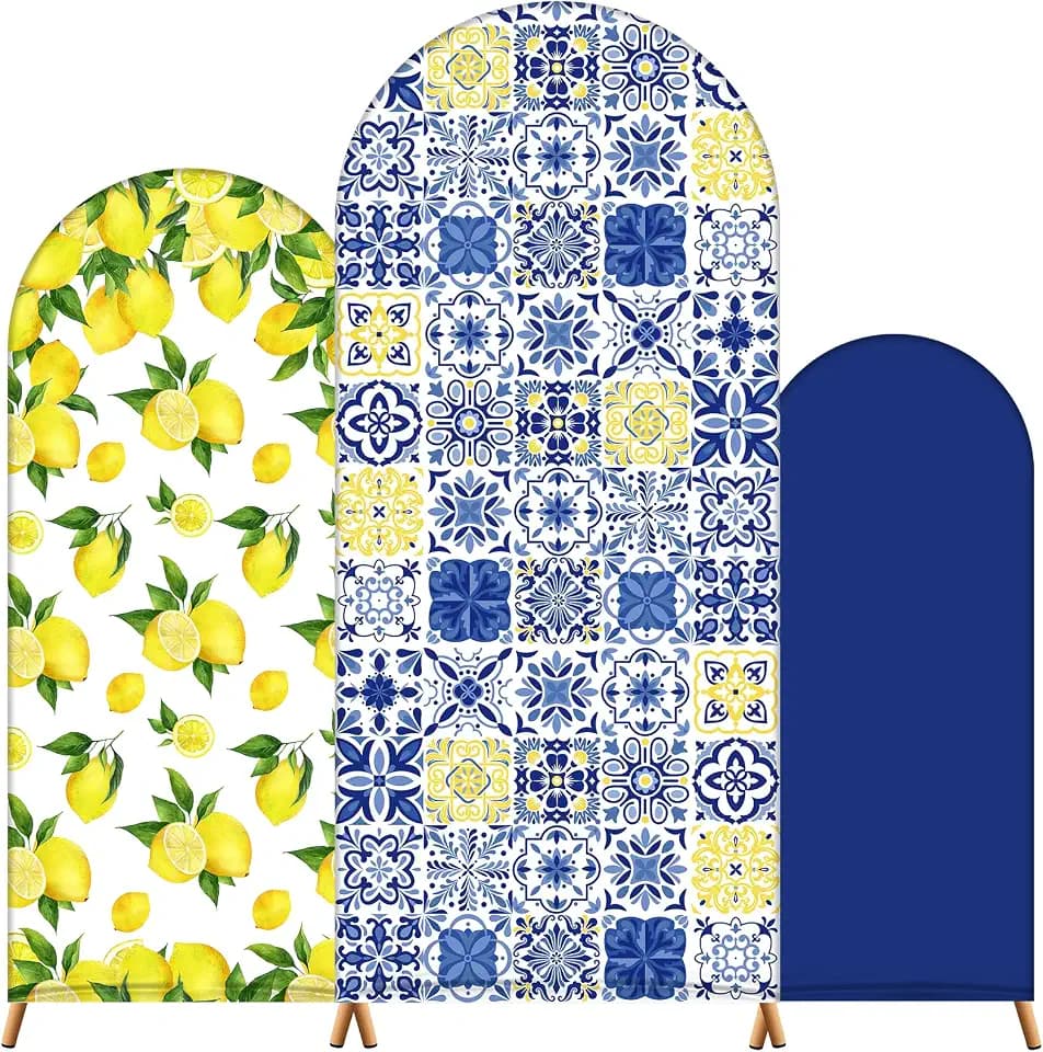 Tingjoo Set of 3 Amalfi Coast Wedding Arch Backdrop Cover, 4ft, 5ft, 6ft Mediterranean Blue Tiles Lemon Birthday Party Decoration, Spandex Arch Stand Covers, Stands Not Included(Classic Style)