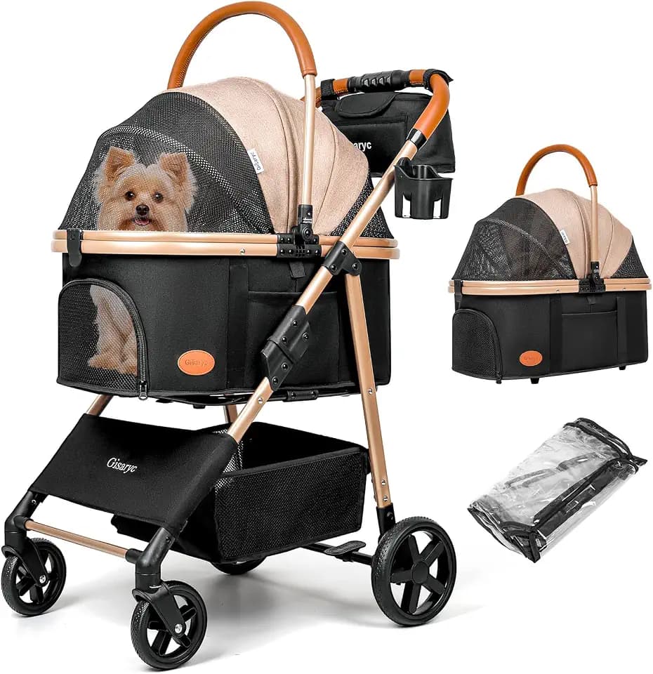 Dog Cat Stroller for Small/Medium Pets, 50 lbs, 3-in-1 Pet Stroller, Khaki