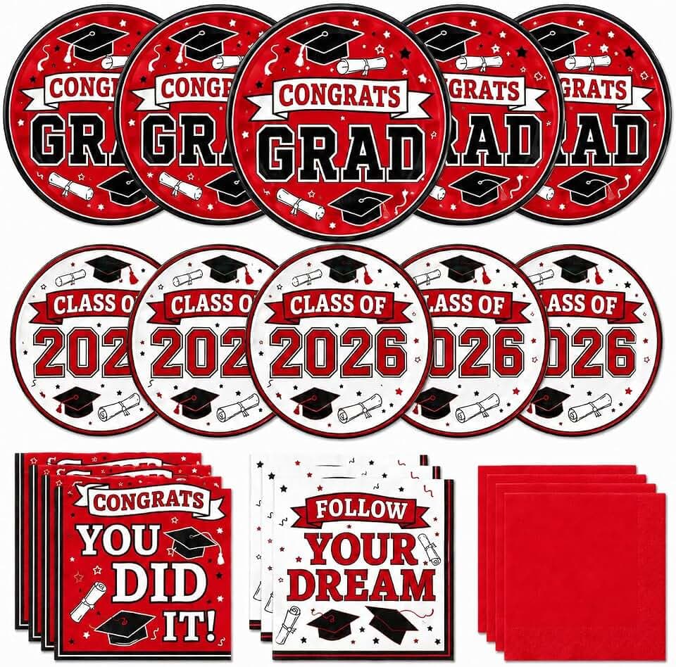 Graduation Plates and Napkins 2026, Congrats Grad Disposable Dinner & Dessert Paper Plates, and Napkins for Red Graduation Party Decoration, Serves 50