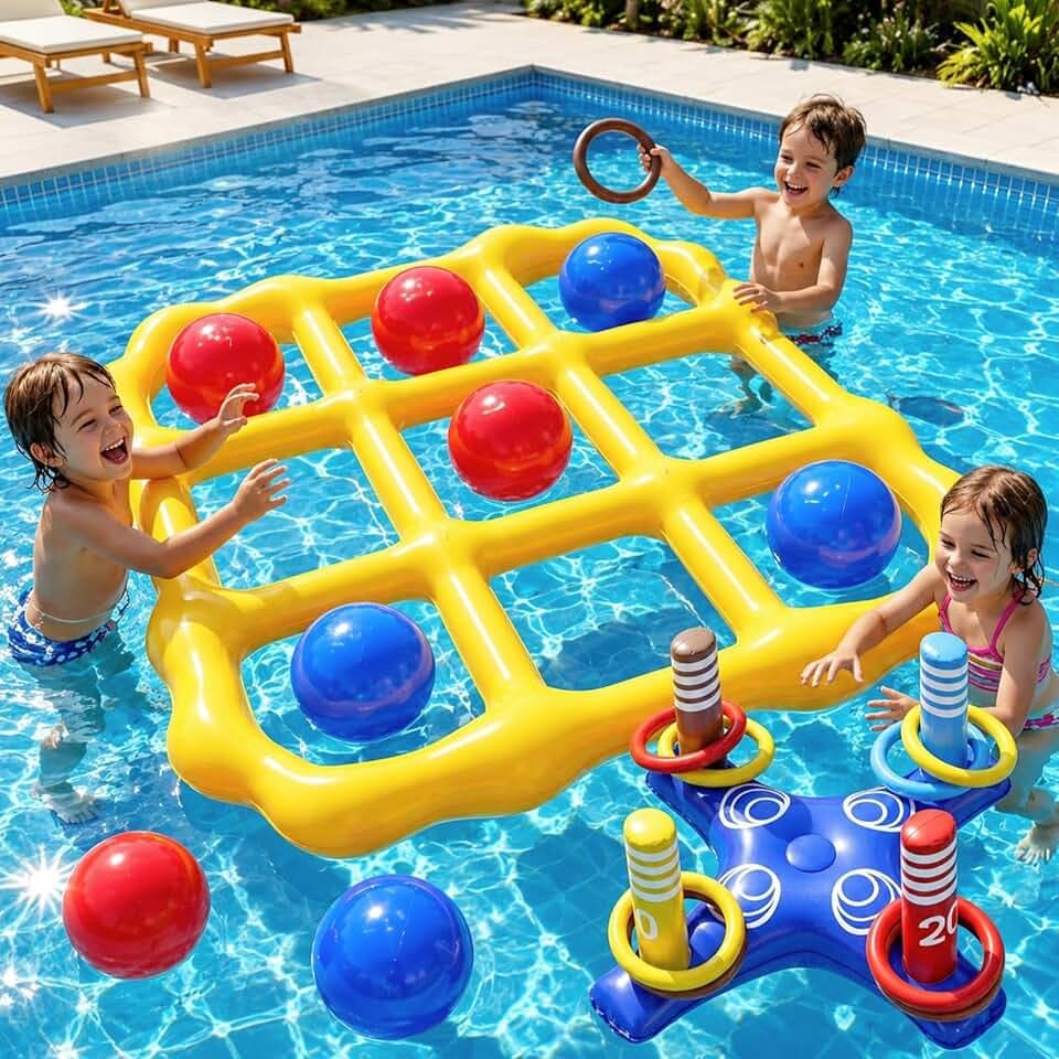 2 Pack Inflatable Tic-Tac-Toe & Ring Toss Games, Pool Games Toys for Kids