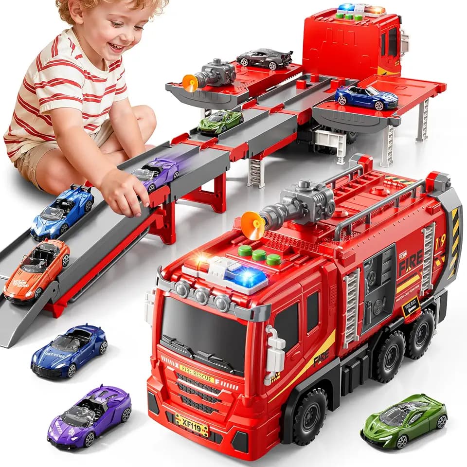 Feuerwehr Spielzeug für Kleinkinder von 3-5 Jahren, Faltbarer Transportwagen mit Rennstrecke, 6 Rennwagen, Geburtstagsgeschenk für Jungen und Mädchen im Alter von 3-8 Jahren