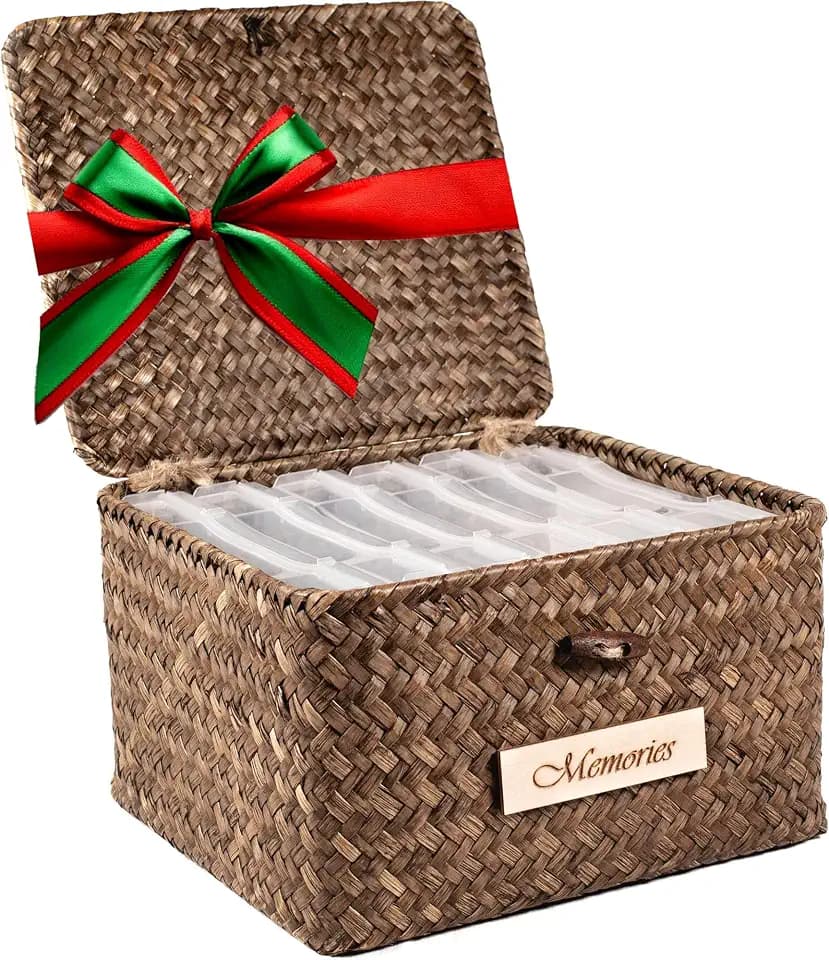 Photo Storage Box - Keepsake Box - Inner 6 Plastic Photo Case Keeper Organizer - Natural Hand Crafted Stationery Storage Containers for Organizing Pictures Stickers Postcards Scrapbooking - Seagrass