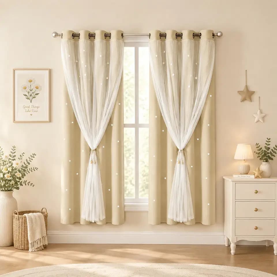 Beige Kids Star Cutout Curtains for Bedroom 52" W x 63" L 2 Panels