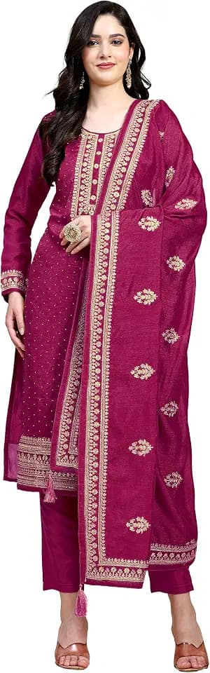 TRENDMALLS Damen Vichitra Seide Stickerei Salwar Anzug Set Kurta Hose mit Dupatta Gelb