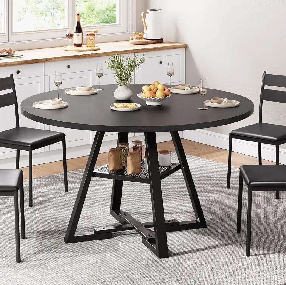 Jocoevol Esstisch Runder für 4 Personen, Esszimmertisch mit Ablage, platzsparender Küchentisch aus Holz im Industrial Design (Schwarz, 120x120x76cm)