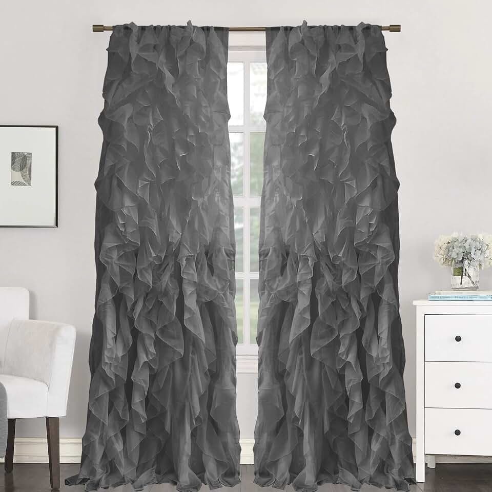 Sweet Home Collection 1 Pack Window Treatment Sheer Cascading Panel Vertical Ruffled Curtains in Many Sizes and Colors, 84" x 50", Gray