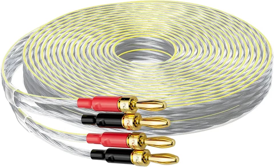 16/2 Speaker Flat Wire Cable with Banana Tip Plugs 20 FT, 16 Gauge AWG Wire, Tinned OFC Copper, Transparent Jacket with Yellow Polarity Marker, for Indoor & Outdoor, Hi-Fi Sound