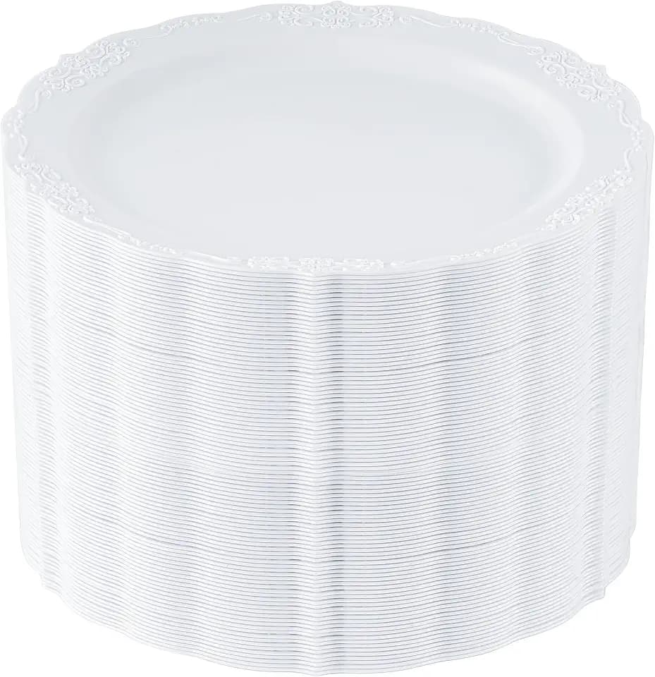 Upassion 100 Pieces White Plastic Plates - 10.25 inch White Dinner Disposable Plates - Premium Hard Disposable Dinner Plates - Party Supplies for Birthdays, Celebrations, Wedding and Events