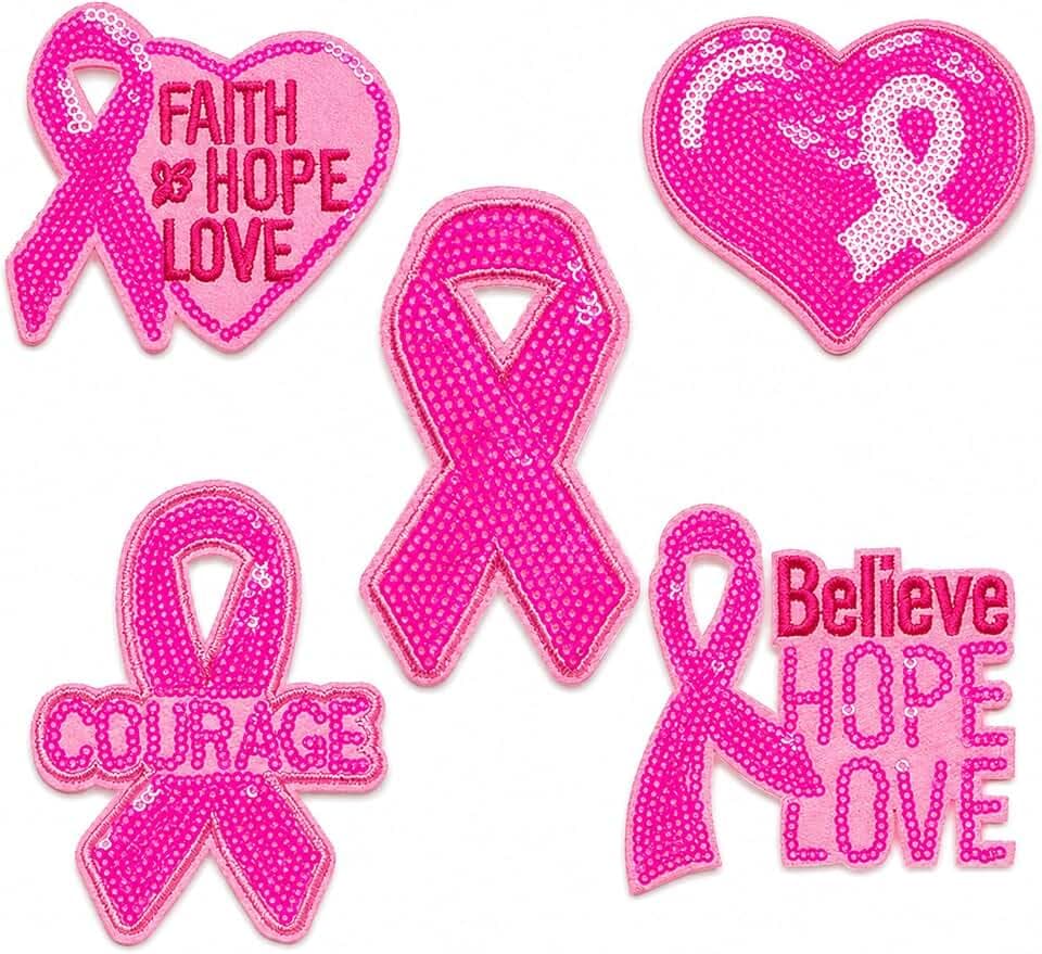 Pink Ribbon Sequins Iron On Patches, Breast Cancer Awareness Embroidered Applique Patches, Sew On Faith Hope Love Courage Heart Decorative Patches for Clothing Jackets Backpacks Hats DIY Crafts