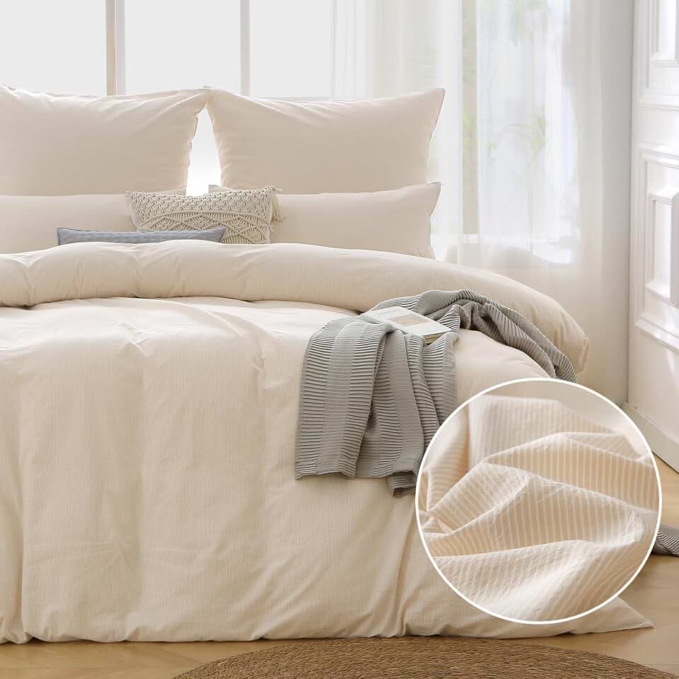 ATsense Bettwäsche 135x200 Baumwolle Gestreift - 4teilig Bettwäsche-Sets Beige, Öko-Tex Zertifiziert Hypoallergen Atmungsaktiv, 2 Bettbezug 135x200 und 2 Kissenbezüge 80x80