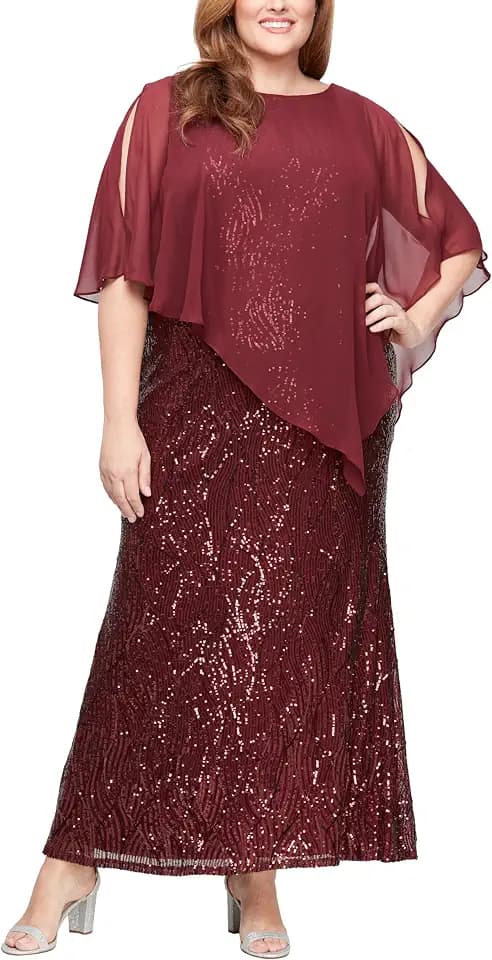 S.L. Fashions Womens Plus Size Long Length Sequin Lace Beaded Capelet Mother of The Bride Dress, Formal Evening Gown