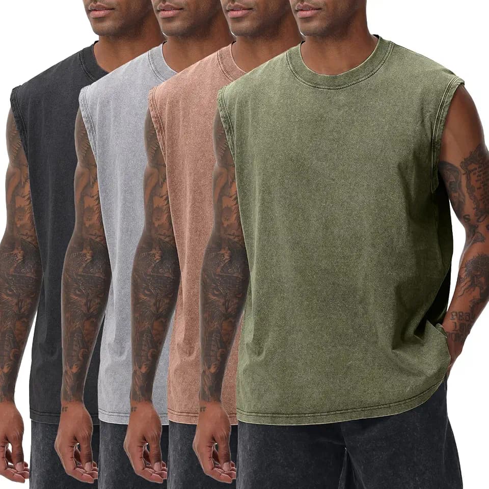 Mens Workout Tank Tops Sleeveless Tee Shirts Men Muscle Shirt Gym Acid Wash T Shirts Running Beach Loose Fit Tee