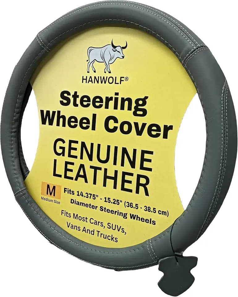 Steering Wheel Cover, Gray, Real Genuine Leather, 15 inch, for Men and Women, Universal, Stretch On, Heat Resistant, Stays Cool, Non-Slip, HANWOLF