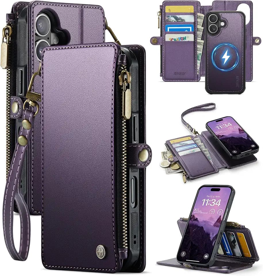 for iPhone 16 - Phone Case Wallet Magnetic Detachable, Purple