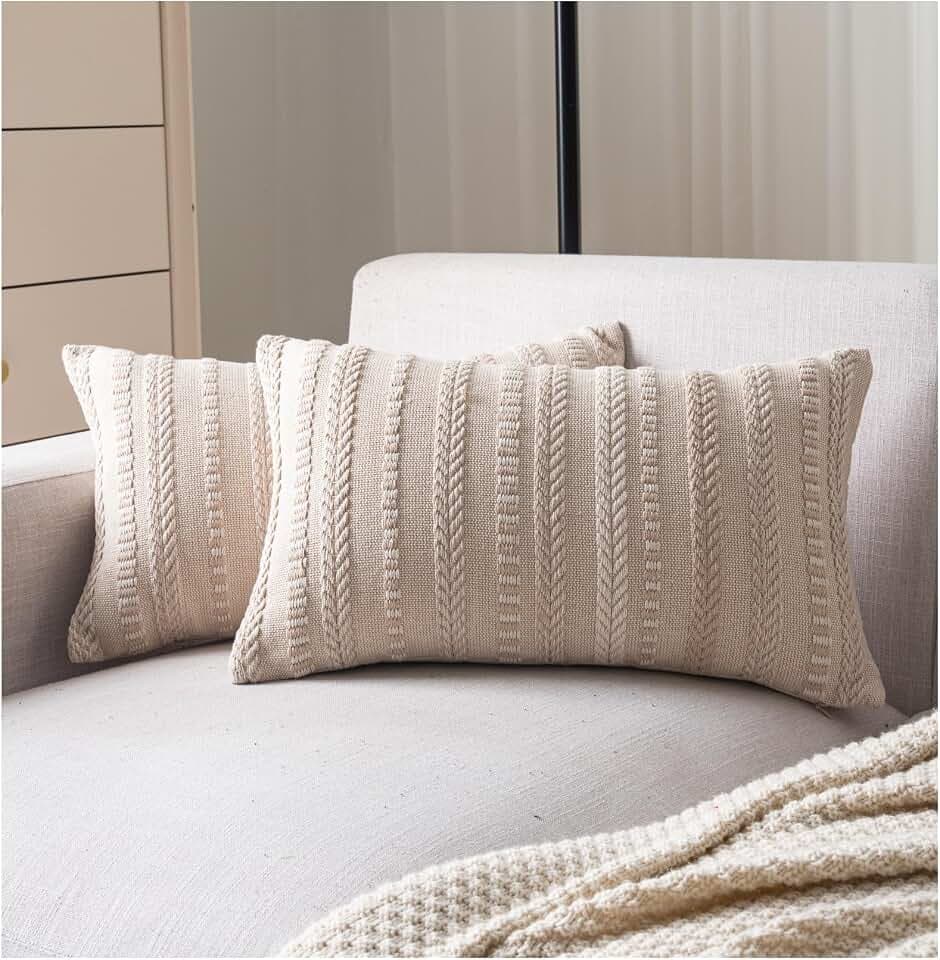 Cethom Boho Throw Pillow Covers 12x20 Inch Set of 2, Farmhouse Decorative Couch Pillow Cases, Beige Accent Pillows of Bed, Sofa Bedroom Living Room Home Decor Cushion Cover