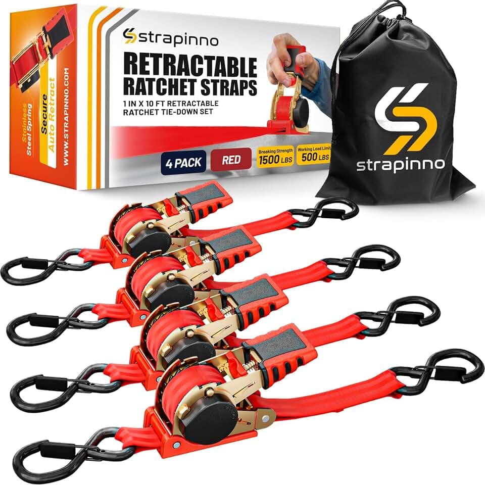 Strappino Ratschengurte, 2 Stück EZ-Freigabe & 2 Stück einziehbare Spanngurte (je 2,5 cm x 3 m) mit gummierten Stahlgriffen, haltbaren S-Haken & Hardware – 680 kg Bruchfestigkeit
