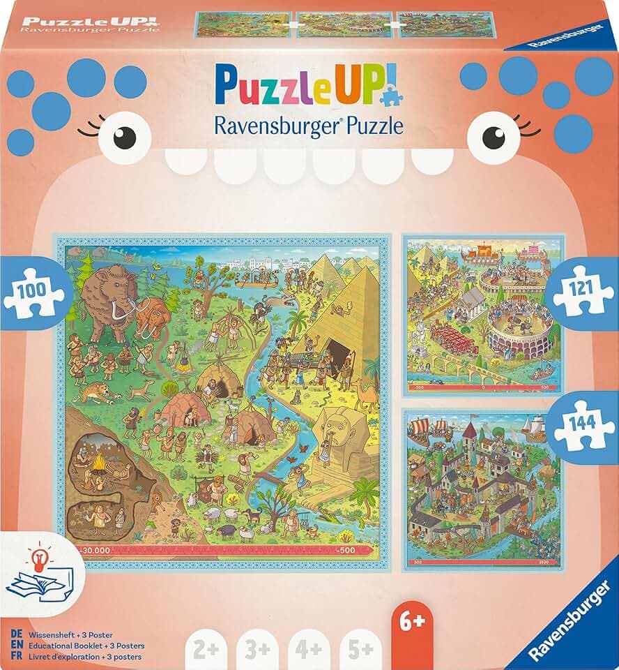 Ravensburger Puzzle UP 12004002 - Geschichte - 3 Puzzles mit 100, 121, 144 Teilen zum Kombinieren und mit extra Wissensheft, Puzzle ab 6 Jahren