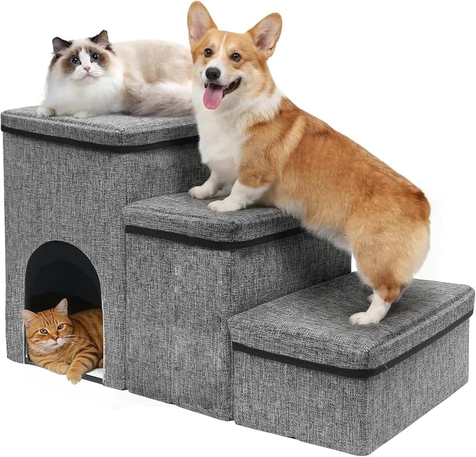 Hundetreppe für Kleine Hunde 3 Stufen - Haustiertreppe mit Stauraum - Breite Dog Stairs Faltbare mit Rutschfestem Boden - Katzentreppe für Alte Katzen 40 cm Ideal für Bett Sofa Fensterbänke