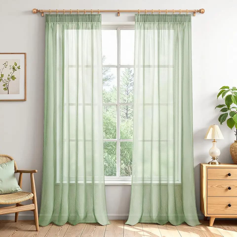 MRTREES Gardinen mit Kräuselband Stores Gardinen Salbeigrün Transparent 245X140cm (HXB) Schlaufenschals 2er Set Vorhänge in Leinenoptik für Wohnzimmer Schlafzimmer Mädchen Jugend Curtains