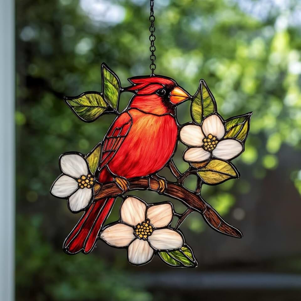 Cardinal Resin Suncatcher Size 6 Inches, Boho Stained Glass Effect Memorial Window Hanging Garden Decor, Gift for Mother's Day Mom Grandma Wife Women