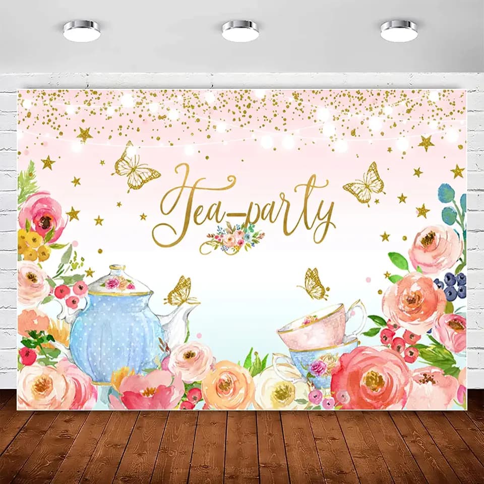 Pink Floral Tea Party Backdrop Glitter Gold Dots Butterfly Lets Partea Photography Background for Women Birthday Bridal Baby Shower Decorations Girls Wonderland Party Banner Photo Booth Supplies 8x6ft