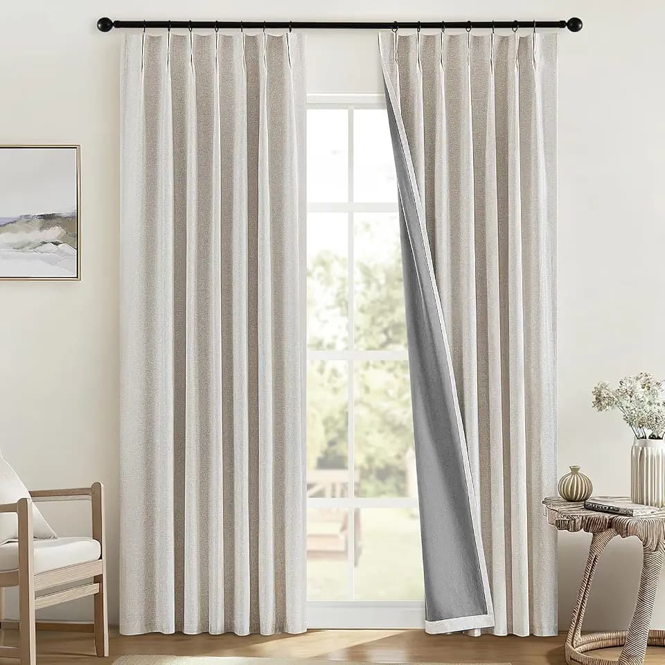 MIULEE Linen Pinch Pleated 100% Blackout Curtains for Bedroom 84 Inch Long 2 Panels Set- Back Tab Track Beige Thermal Insulated Cream Black Out Triple Pleat Room Darkening Drapes with Hooks, Greige