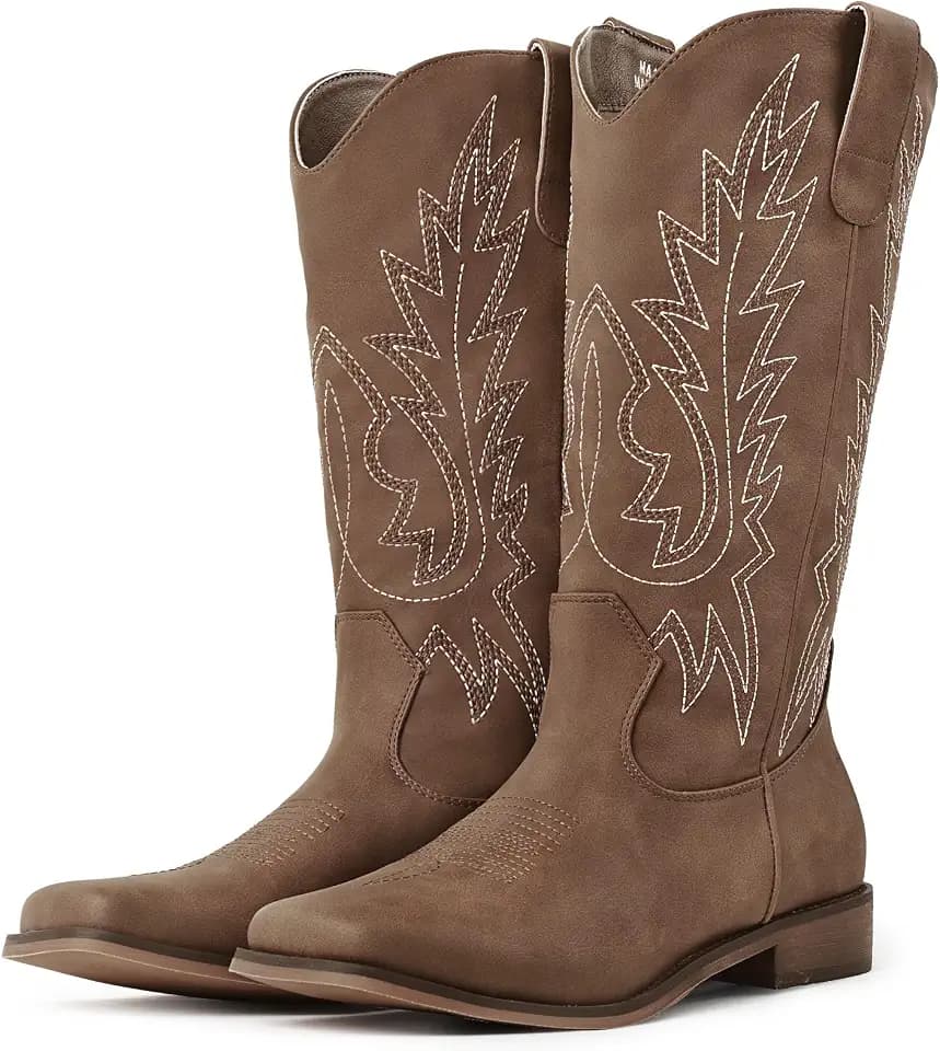 FancyQueen Western Cowboy Boots for Women - Mid Calf Square Toe Cowgirl Boots with Vintage Embroidery, Low Chunky Heel Pull On Country Boots for Rodeo Festival Concert Daily Outfits