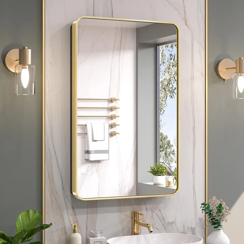Keonjinn 20"x32" Gold Medicine Cabinet Mirror, Stepless Adjustable Shelves