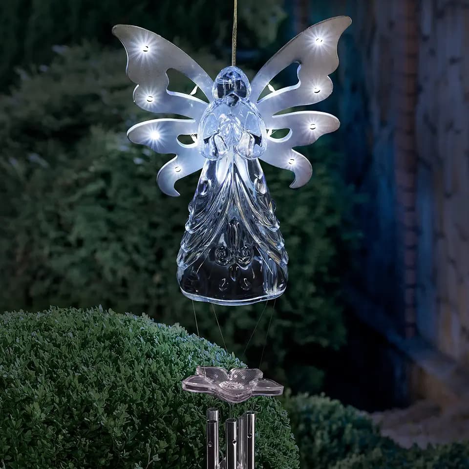 Exhart Wind Chimes, Solar Angel Wind Chime with Metal Wings, 13 LED Firefly Lights, White Acrylic Large Lawn and Yard Decoration, 6.5 x 4 x 42 Inch