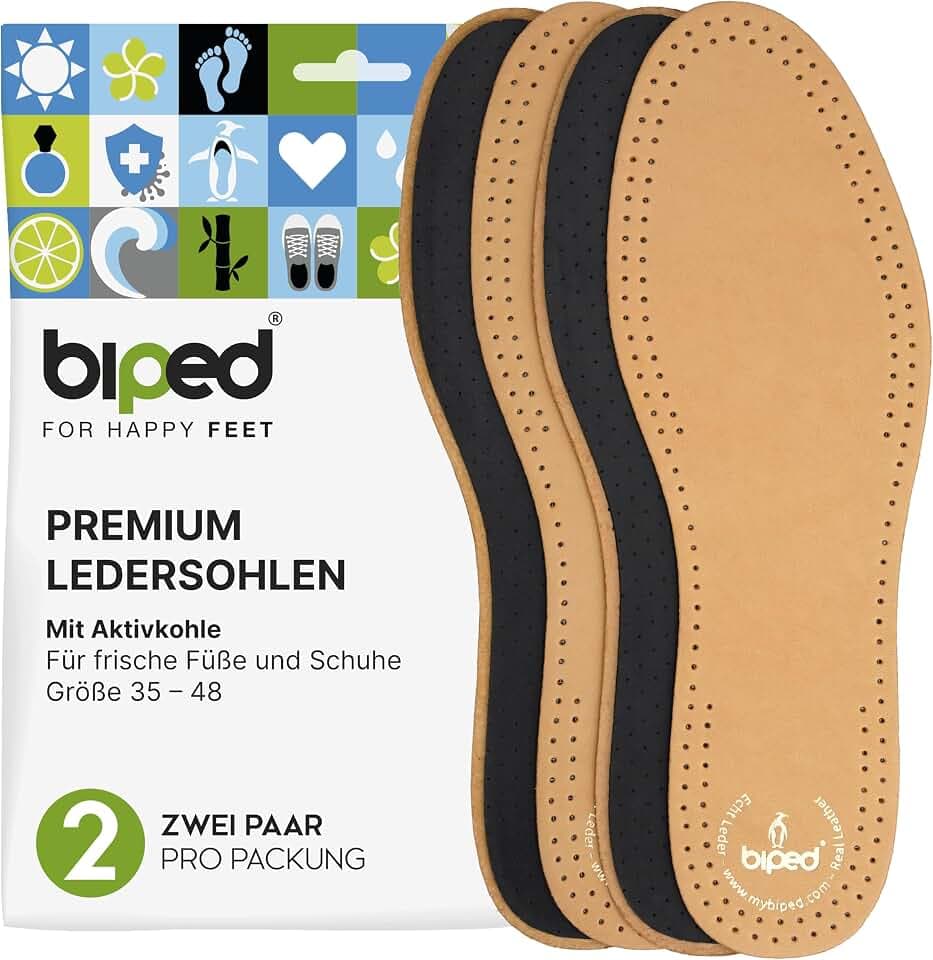 biped 2 Paar Premium Leder Schuheinlagen mit Aktivkohle - Atmungsaktive Sohlen gegen Schweißfüße - Weiche Leder Einlegesohlen Herren und Damen z2763