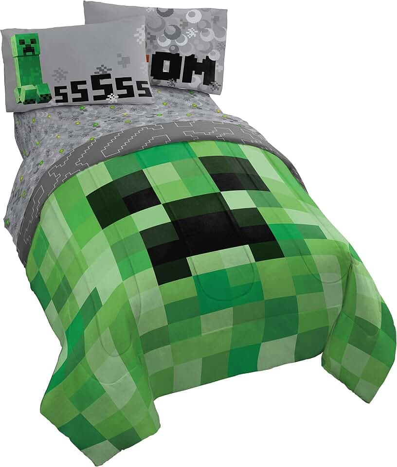 Minecraft Creeper Full Comforter Set 5 Piece Kids Bedding for Boys, Green