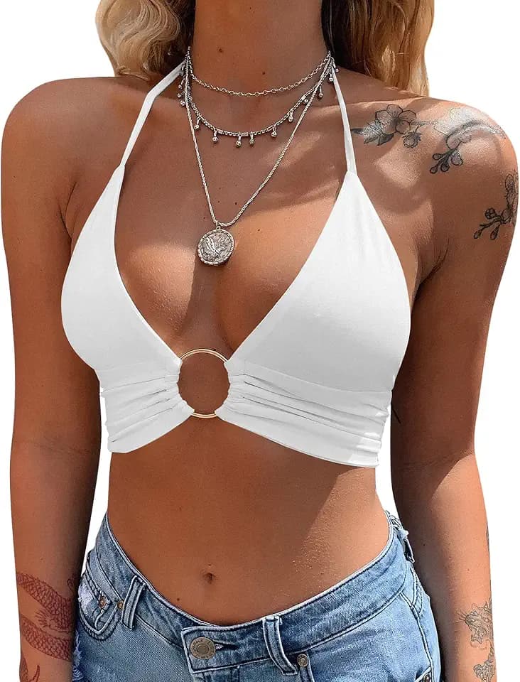 Mizoci Womens Sexy Halter Deep V Neck Beach Concert Crop Top