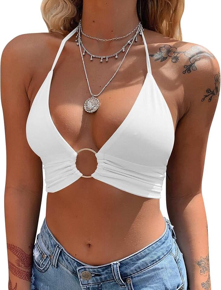 Mizoci Womens Sexy Halter Deep V Neck Beach Concert Crop Top