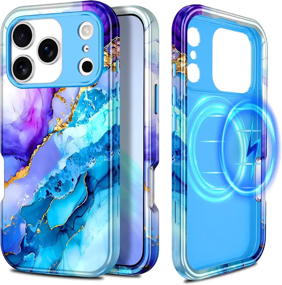 Casetego for iPhone 18 Pro Case,iPhone 17 Pro Case,Compatible with MagSafe,[Military Grade Drop Test] Full Body Protection Slim Shockproof Rugged Marble Women Girls Case,Azure Blue