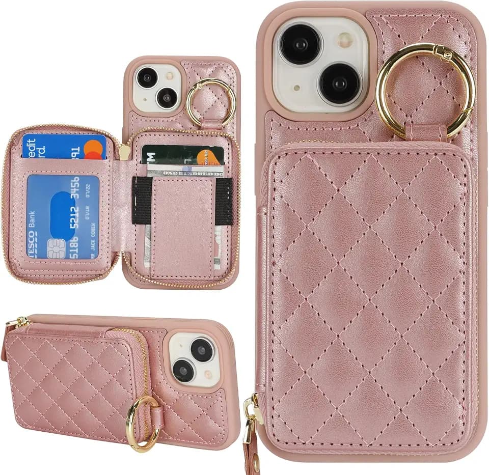 for iPhone 14 Plus Case Wallet with Card Holder-Rose Gold