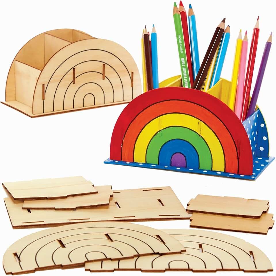 Baker Ross FC775 Regenbogen Holz Stifte Topf Bastelset - 2er-Pack, Holz Stifteboxen zum Bemalen Schreibtisch Organisation